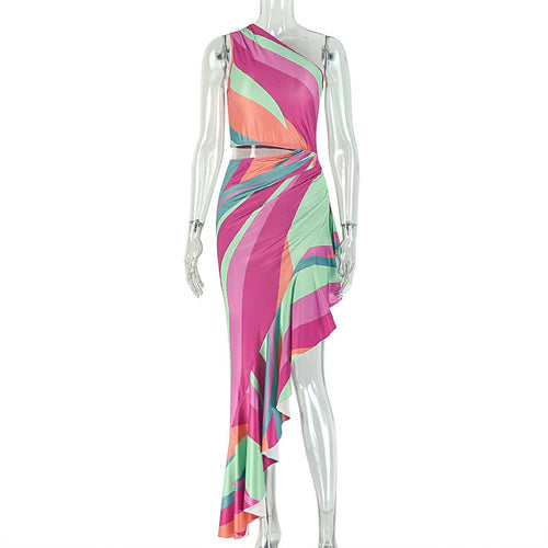 Color Matching Women Printed Wear One Shoulder Rainbow Hip Diagonal