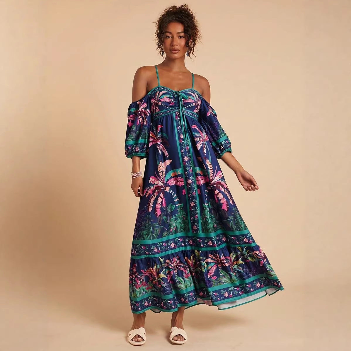 Summer Positioning Printing Sling off Shoulder Dress .Ships from