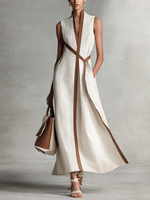 Spring Women Independent Stand Contrast Color Sleeveless Stand Collar