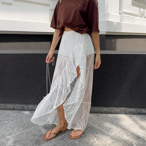 Split Ruffled Irregular Asymmetric Sweet Lace See through Skirt