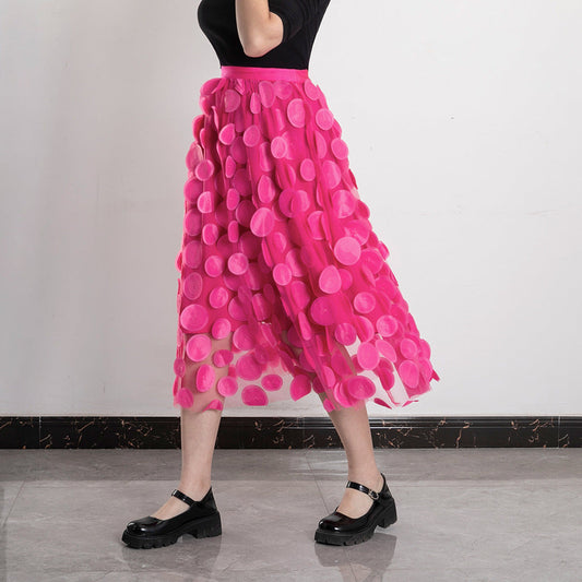 Three Dimensional Patch Stitching Mesh Women Midi Skirt
