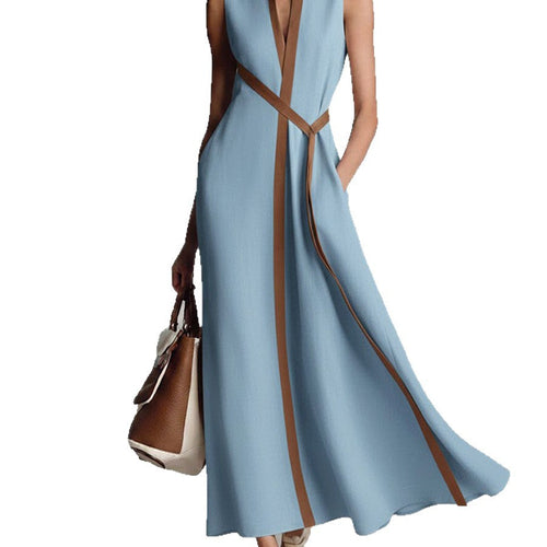 Spring Women Independent Stand Contrast Color Sleeveless Stand Collar