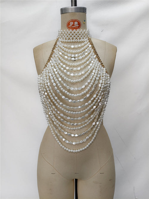 Festival Heavy Industry Pearl Vest Sexy Multi Layer Top Chest Necklace