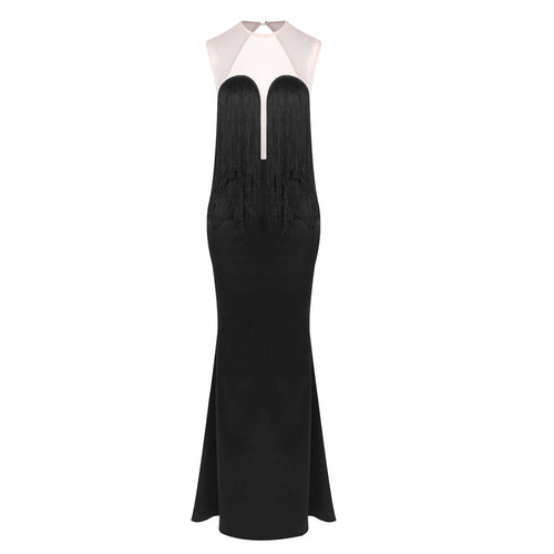 Black Tassel Tube Top Fishtail Draping V neck Slim Fit Evening Dress