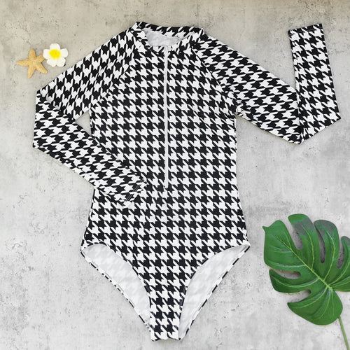 Plaid Printed Long Sleeve One Piece Swimsuit Women Surfing Zipper One