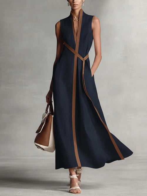 Spring Women Independent Stand Contrast Color Sleeveless Stand Collar