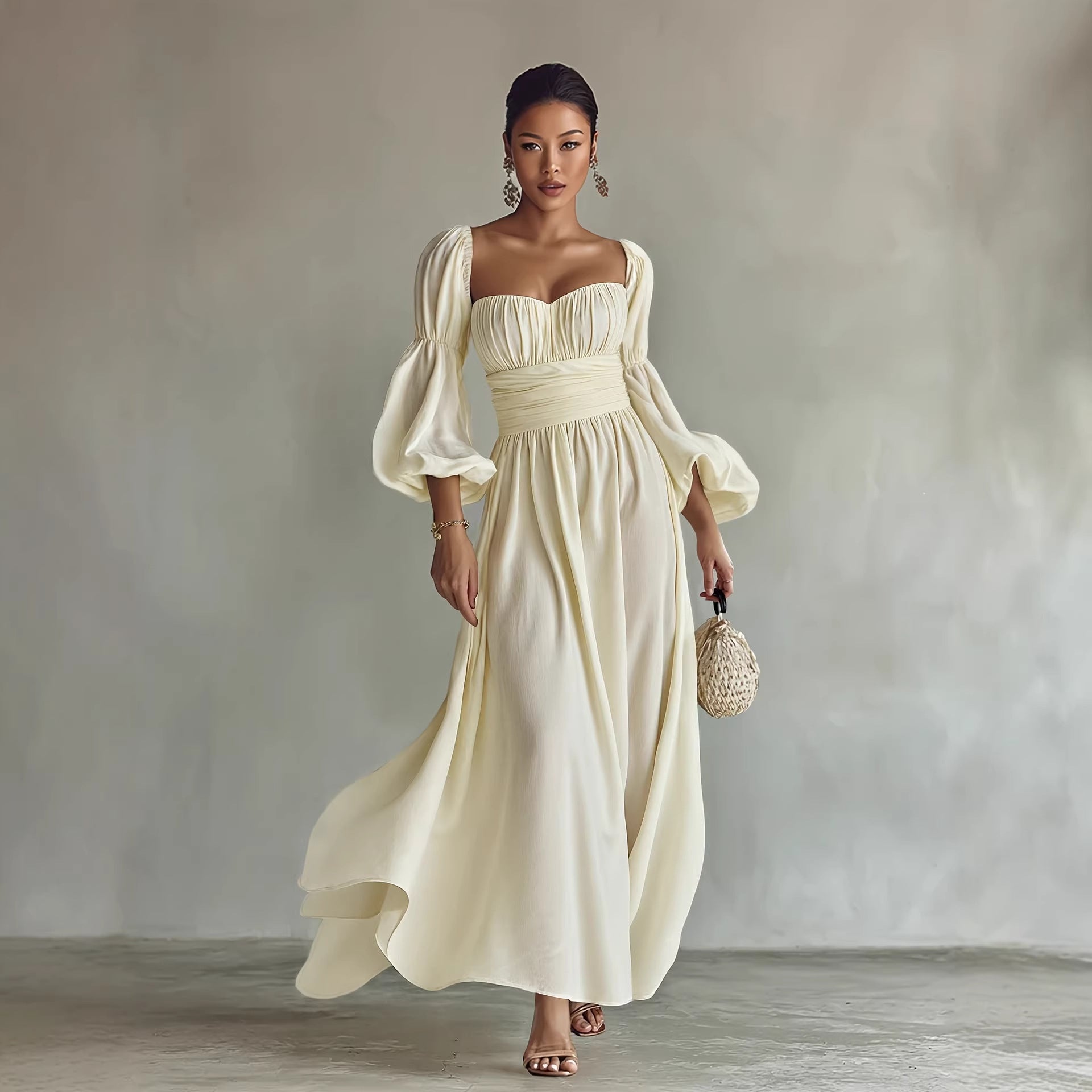 Women Clothing Palace Artistic Retro French Formal Dress Puff Sleeve