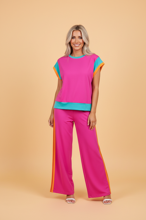 Colorblock Short Sleeve Top & Wide Leg Pants Set