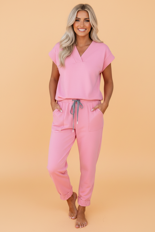Solid V-Neck Tee & Drawstring Pants Set