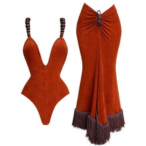 High end fashion Beads Halter one piece Swimsuit with cover up