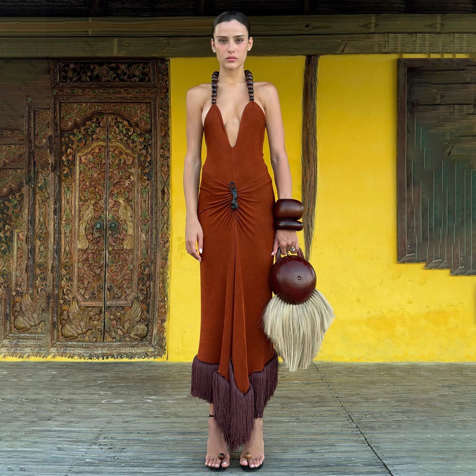 High end fashion Beads Halter one piece Swimsuit with cover up