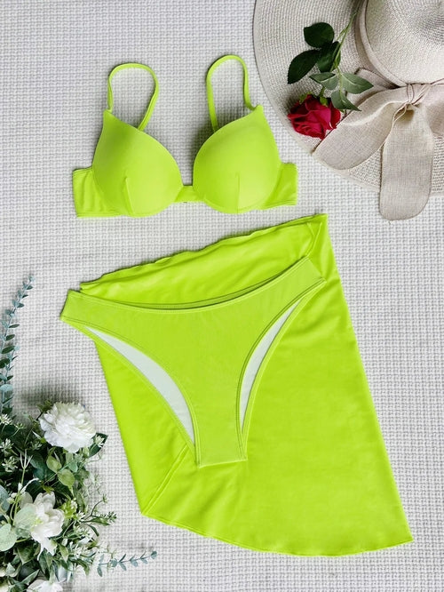 Women solid push up underwire three piece set