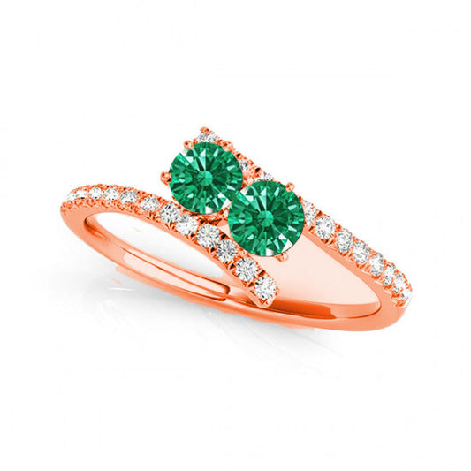 R781-EM-D-.50-14R-Si-2 0.5 14K Rose Gold Emerald Two Stone Rings