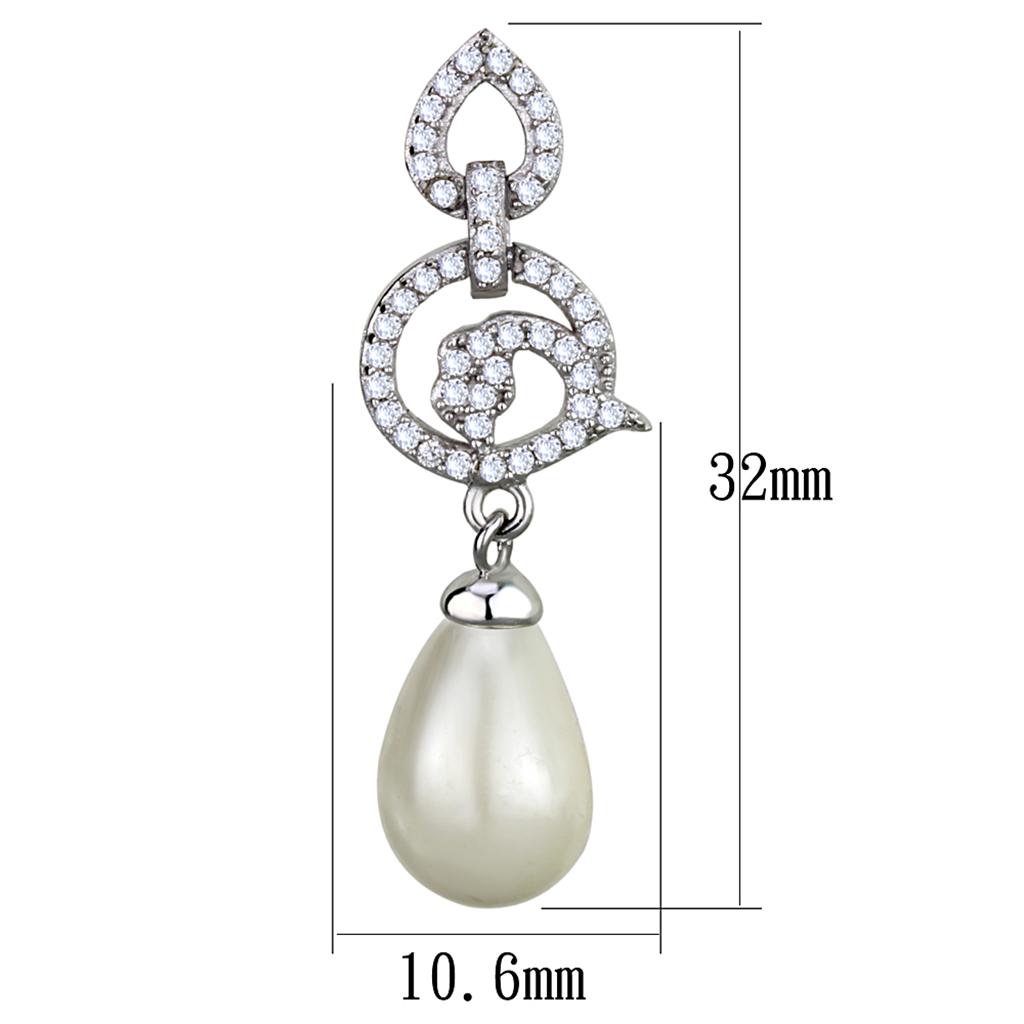 TS480 - Rhodium 925 Sterling Silver Earrings with Synthetic Pearl in