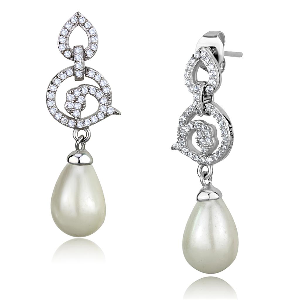TS480 - Rhodium 925 Sterling Silver Earrings with Synthetic Pearl in