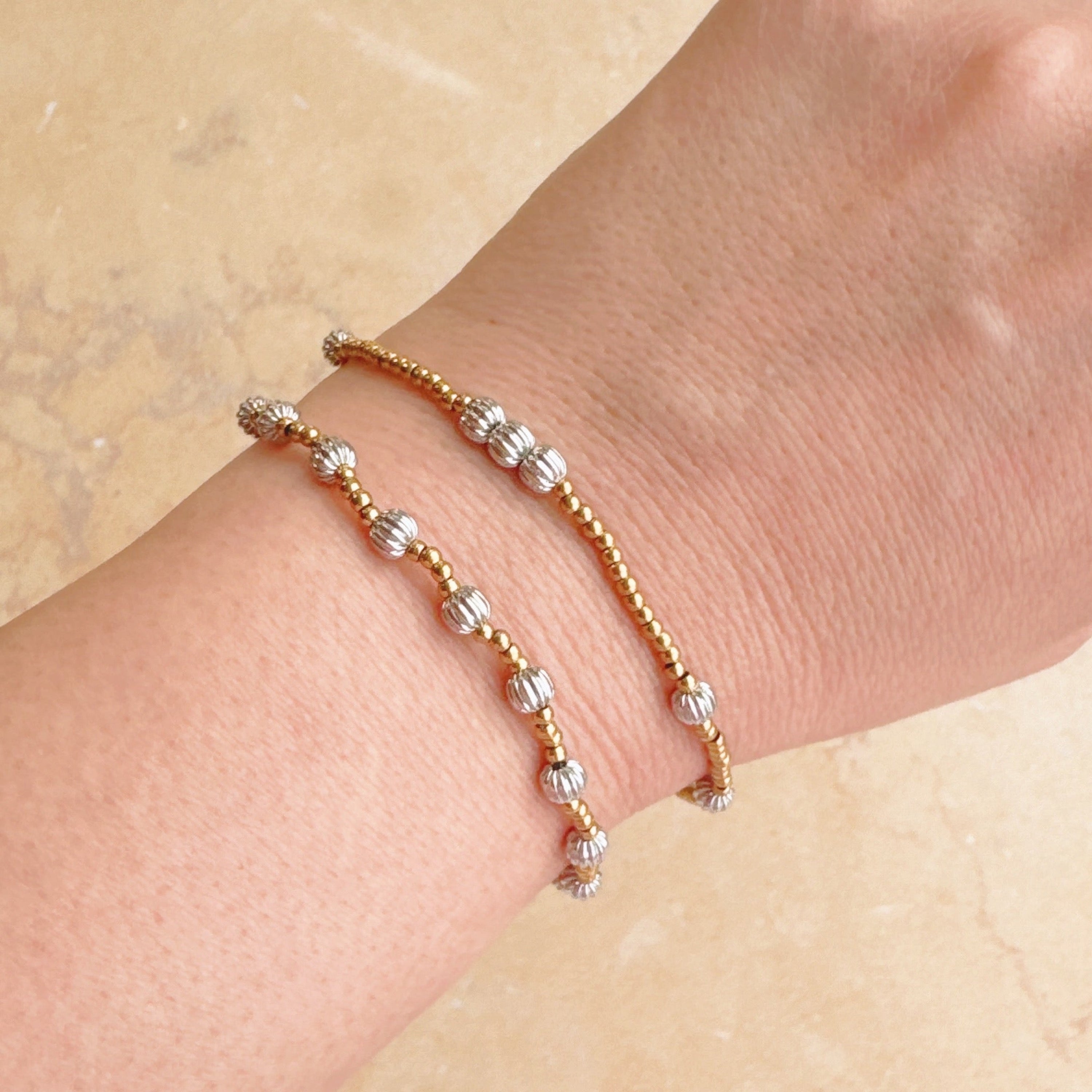 Two Toned Beads Stretch Bracelet Set Of 2