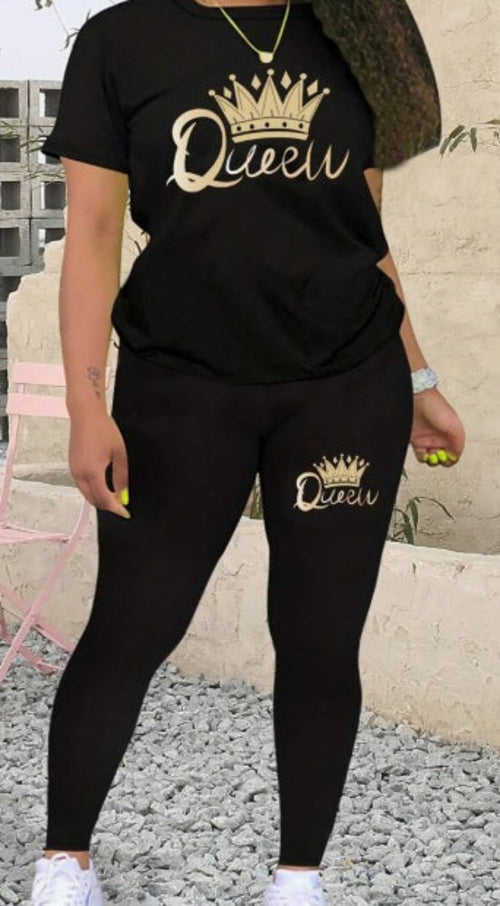 Fashionable Crown & Letter Print Short Sleeve Top And Leggings Set,