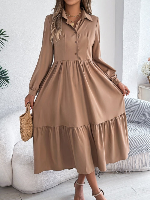 Women's Lapel Casual Loose Long Sleeve Ruffled Shirt Dresses Long