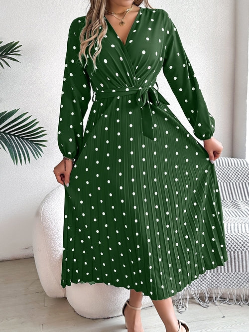 Spring Summer Elegant Long Dress Cross V-Neck Contrast Polka Dot Long