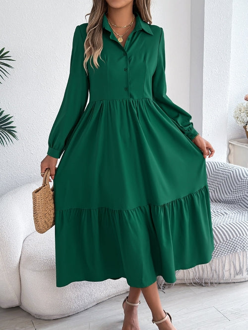 Women's Lapel Casual Loose Long Sleeve Ruffled Shirt Dresses Long