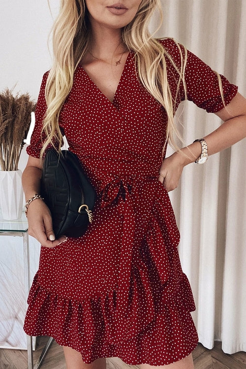 Bohemian Dotted Print Wrap V Neck Ruffled Mini Dress
