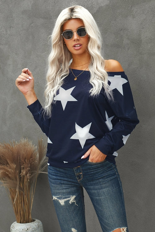 Fashion Five-pointed Star Print Round Neck Black Sweatshirt