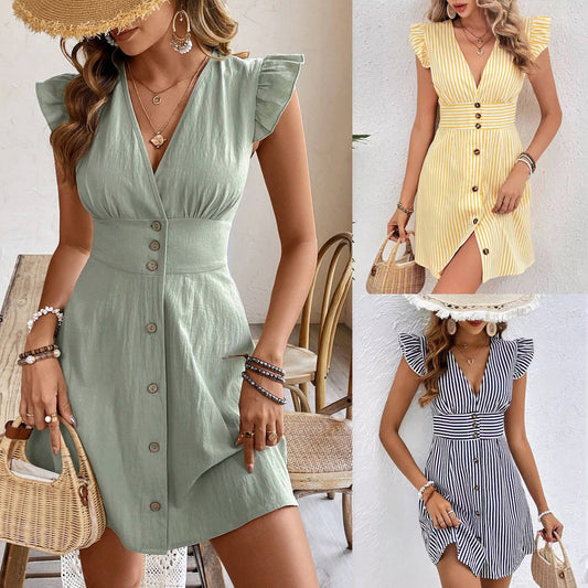 Summer V-neck Single-breasted Fly-sleeve Women's Shirt Dresses With