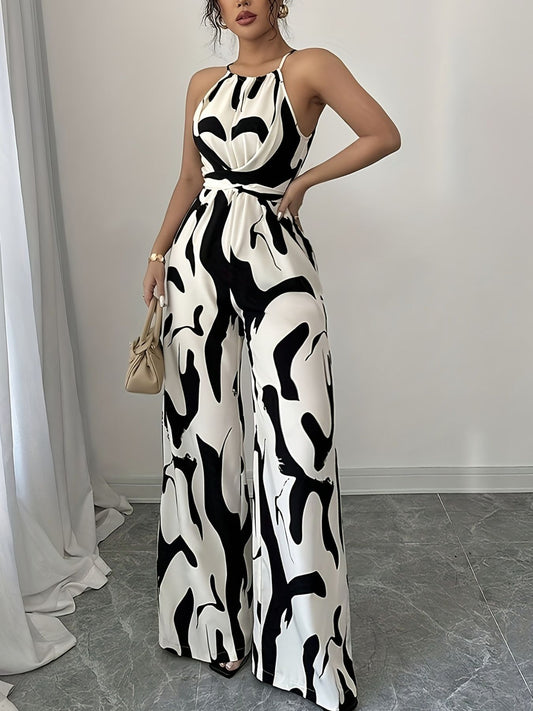 Abstract Print Sleeveless Wide Leg Jumpsuit