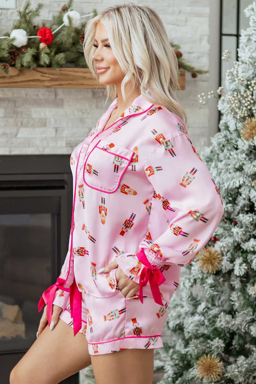 Christmas Nutcracker Bow Contrast Trim Pajama Set