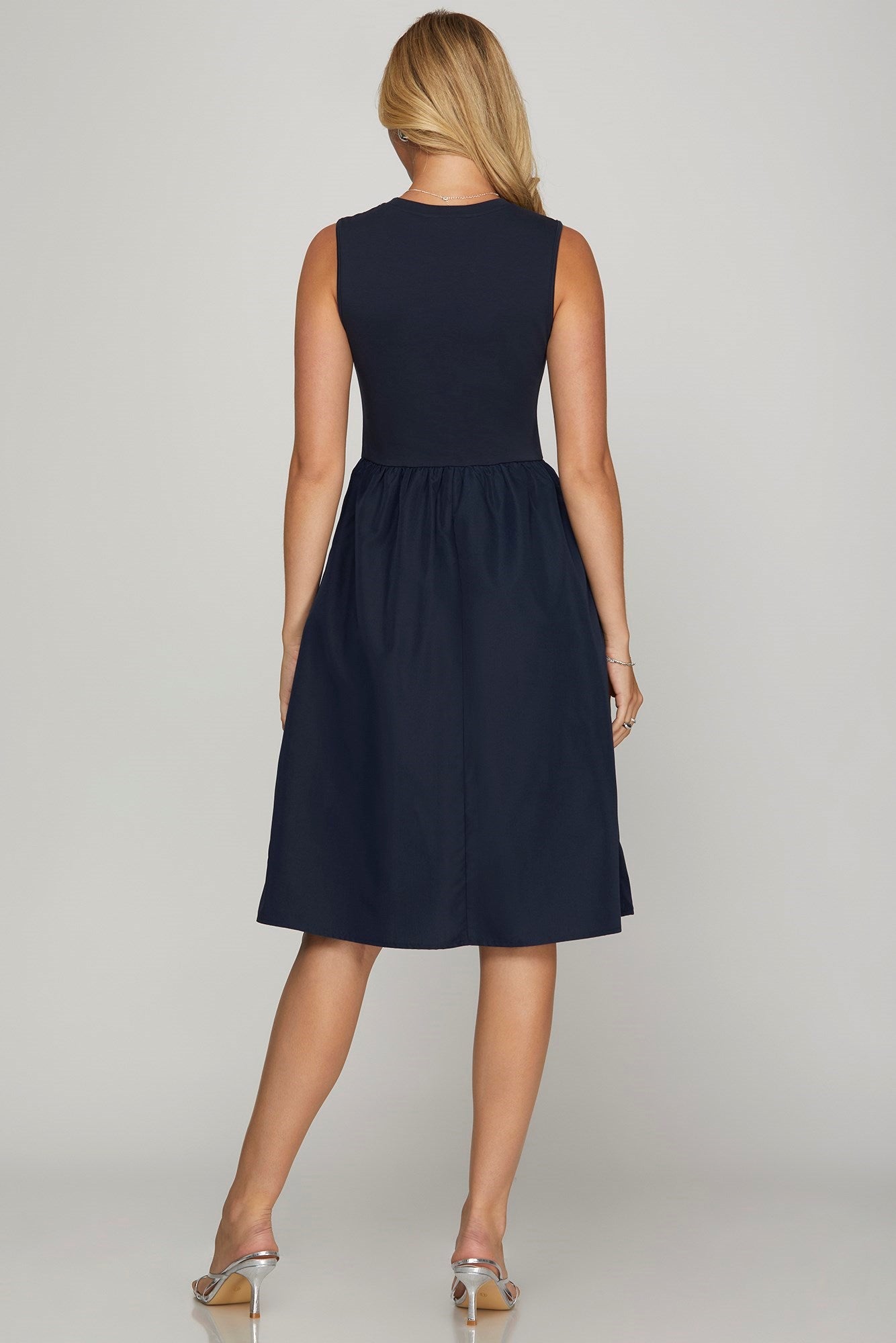She + Sky Full Size Sleeveless Poplin Woven Midi Dress with Pockets
