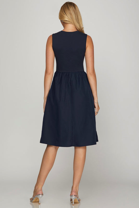 She + Sky Full Size Sleeveless Poplin Woven Midi Dress with Pockets