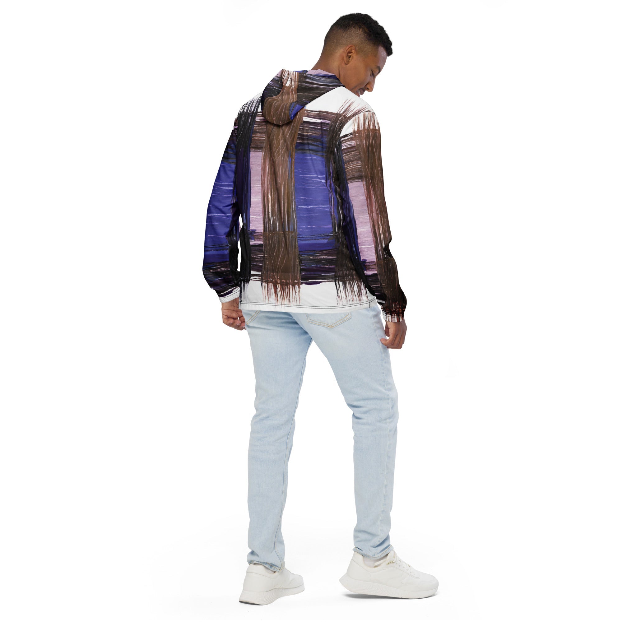 Mens Hooded Windbreaker Jacket - Rustic Brown Interweave Print