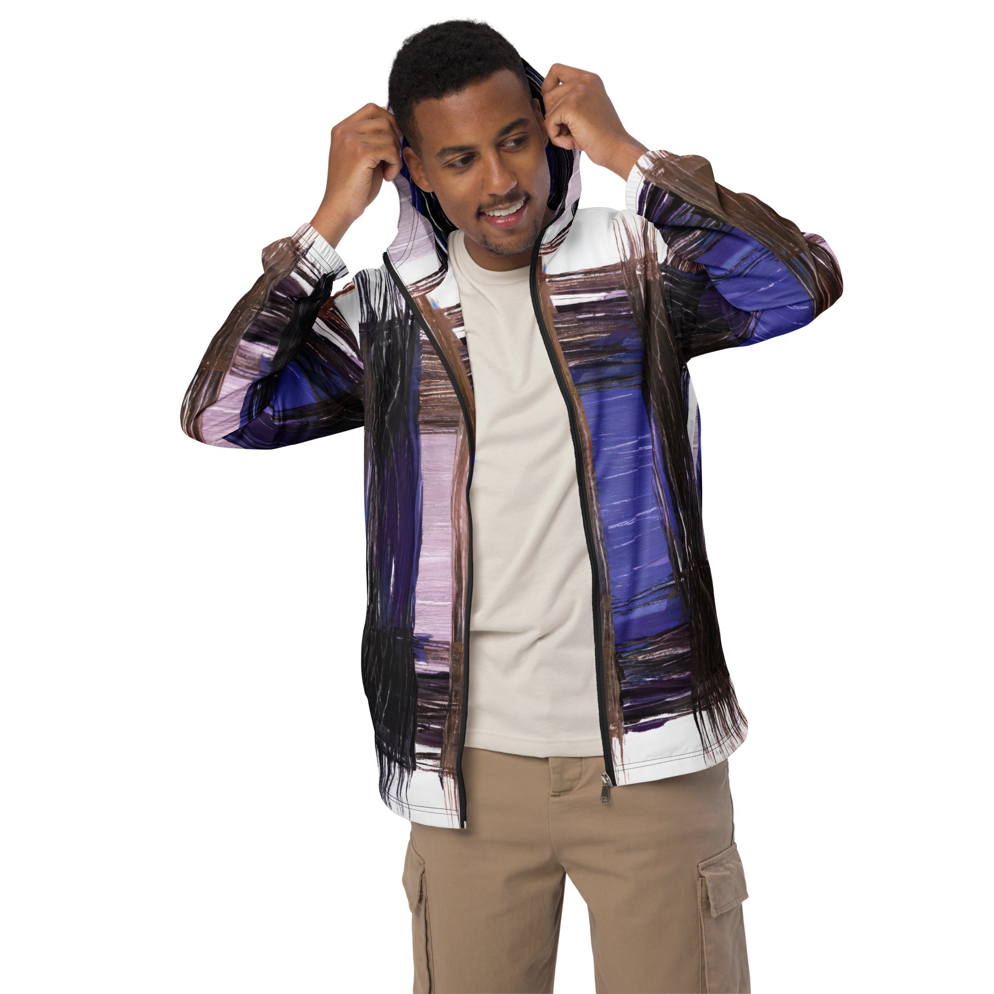 Mens Hooded Windbreaker Jacket - Rustic Brown Interweave Print