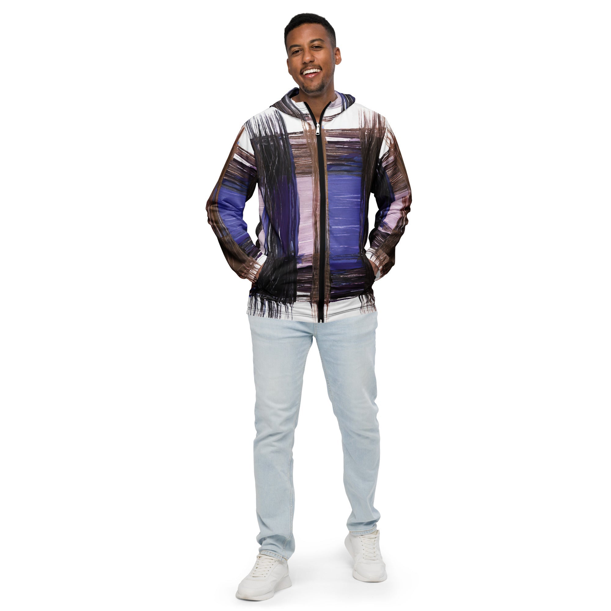 Mens Hooded Windbreaker Jacket - Rustic Brown Interweave Print