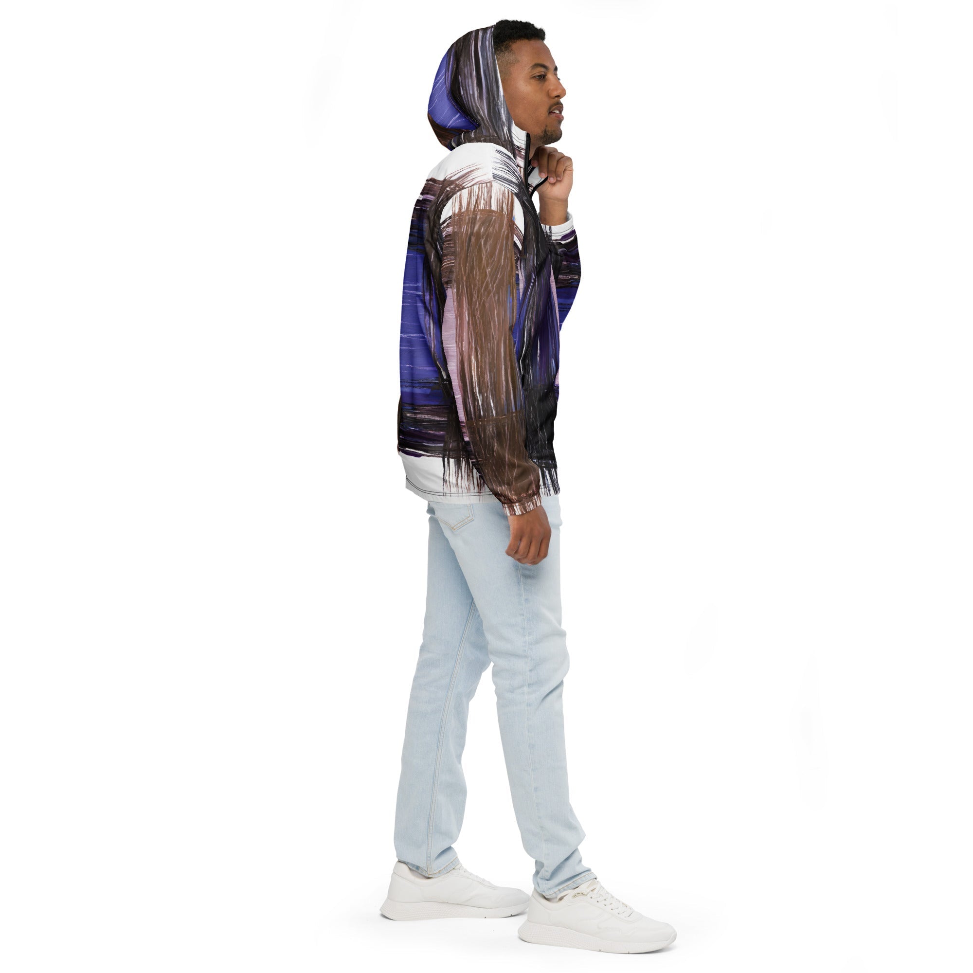 Mens Hooded Windbreaker Jacket - Rustic Brown Interweave Print