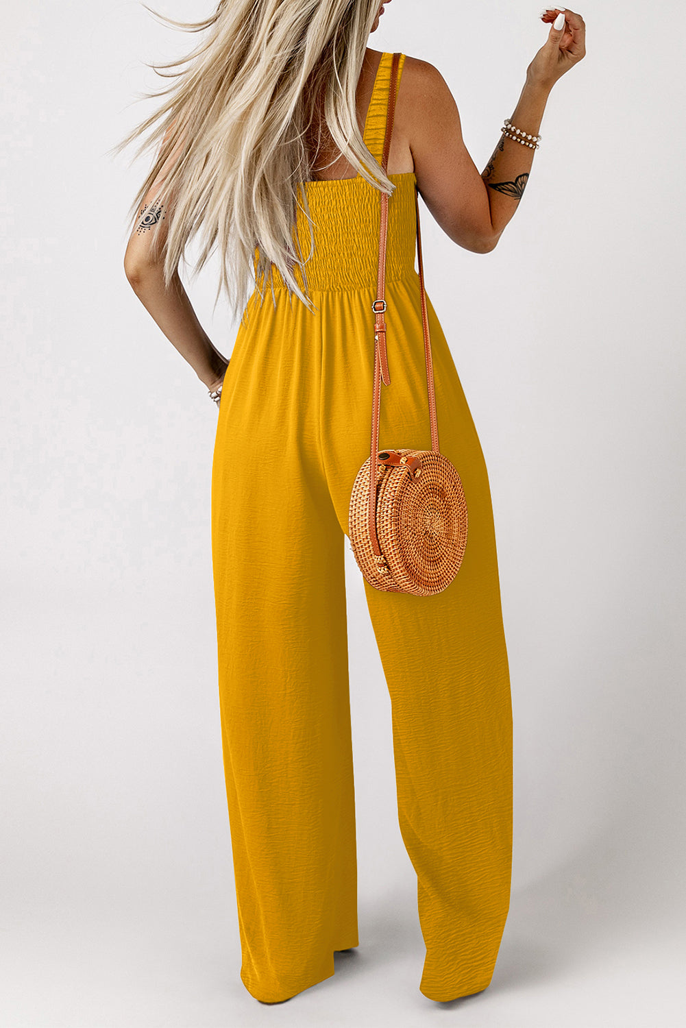 Smocked Sleeveless Wide Leg Jumpsuit with Pockets