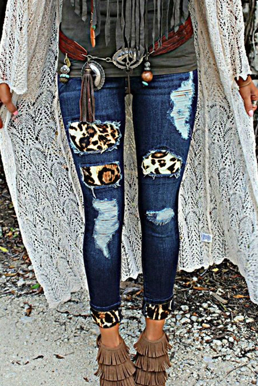 Plaid Splicing Hollow Out Ripped Jeans