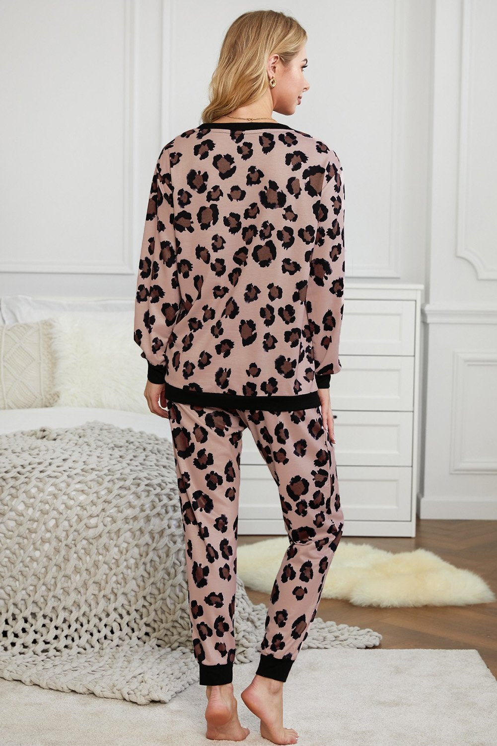 Leopard Print Long Sleeve Pants Loungewear Set