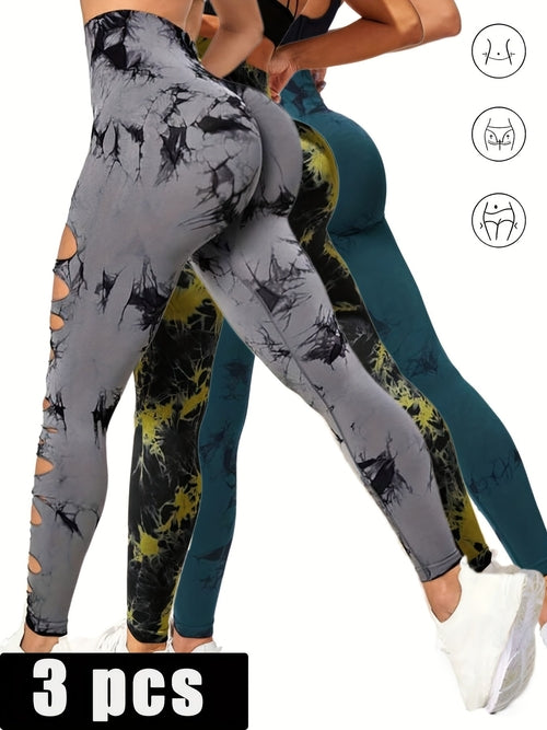 3 Pack Women's Tie Dye Cutout Tights High Waist Workout Yoga Leggings,