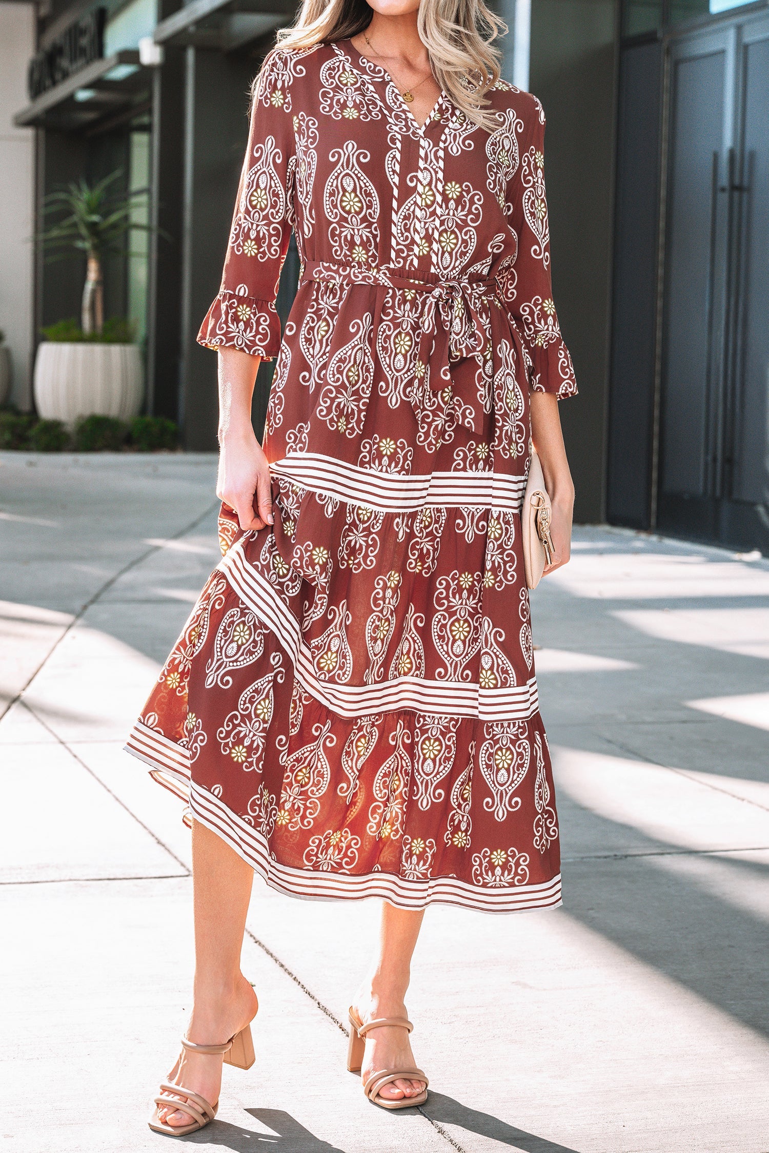 Floral Boho Belted Stripe Trim Tiered Maxi Dress