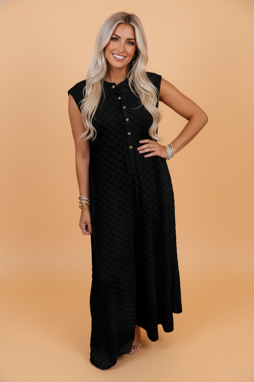 Checker Textured Sleeveless Wide Leg Jumpsuit