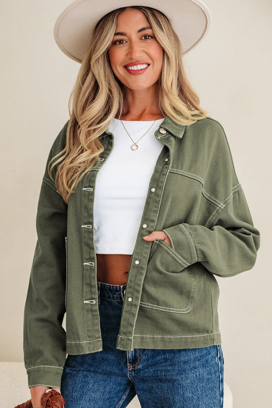 Denim Button-Up Patch Pocket Collared Jacket