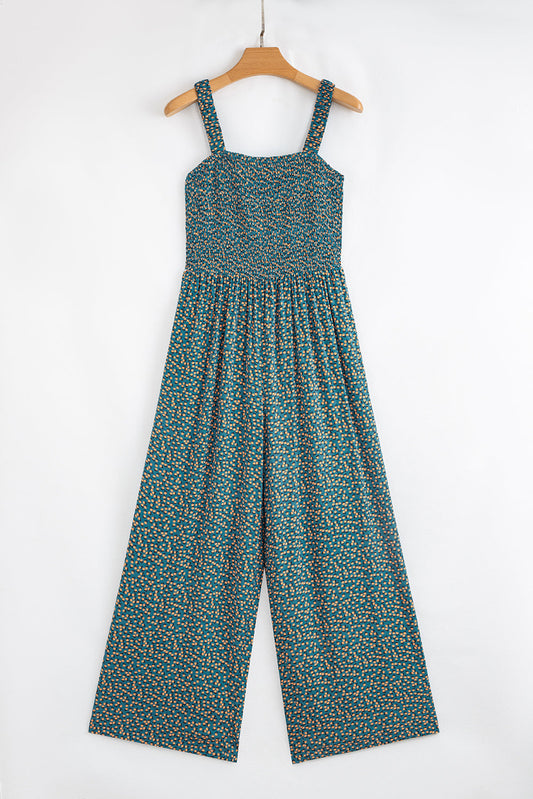 Floral Smocked High Waist Square Neck Jumpsuit