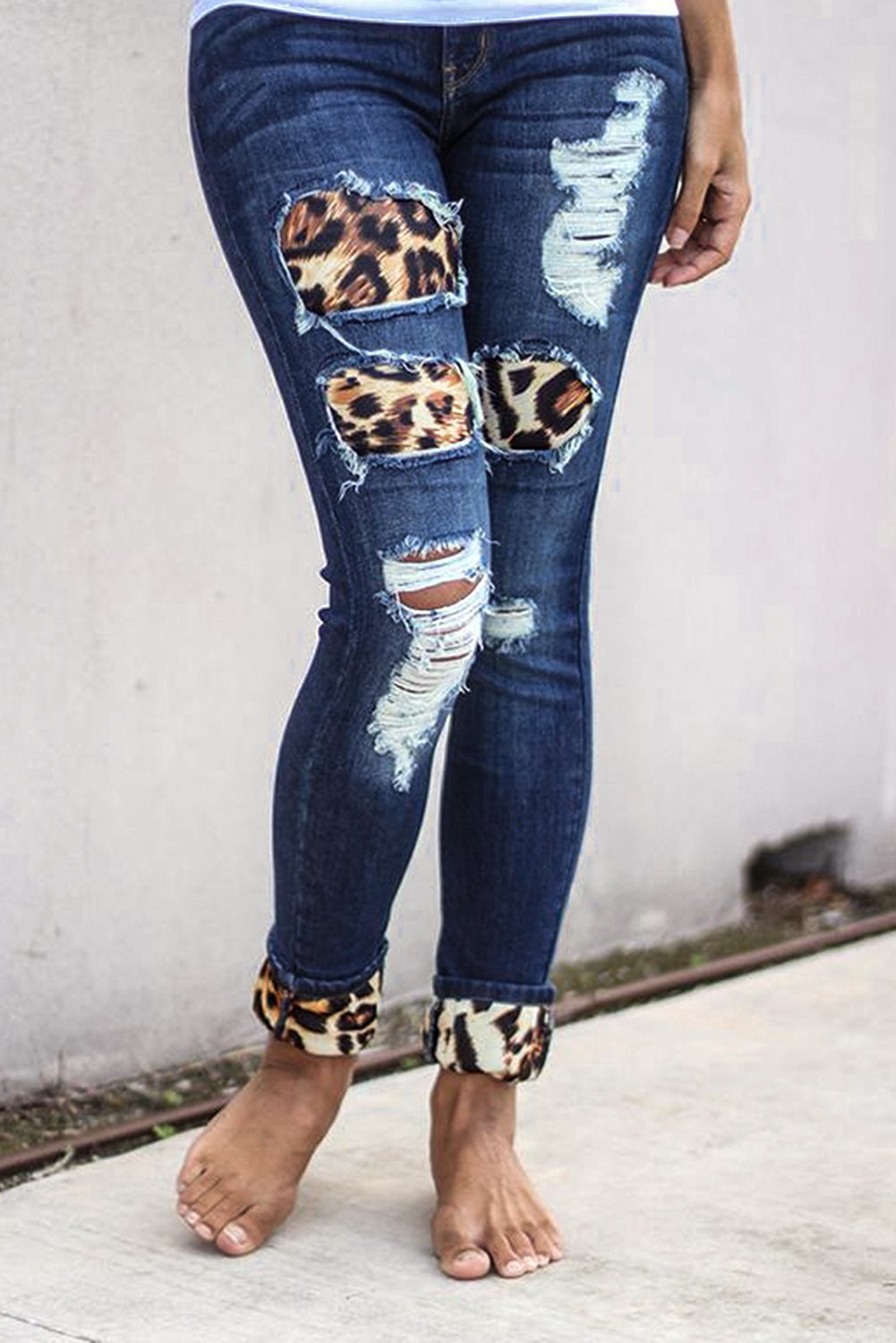 Plaid Splicing Hollow Out Ripped Jeans