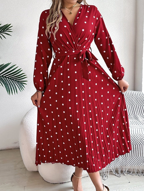 Spring Summer Elegant Long Dress Cross V-Neck Contrast Polka Dot Long