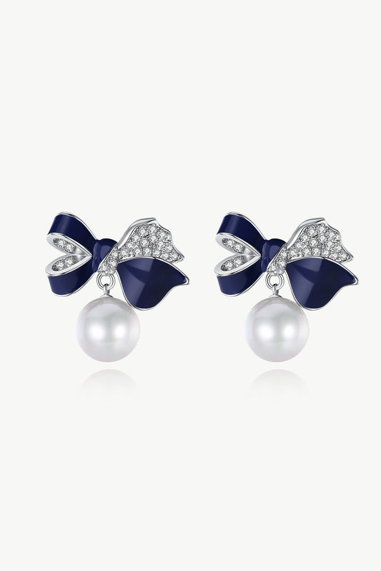 Blue Enamel Butterfly Pearl Drop Earrings