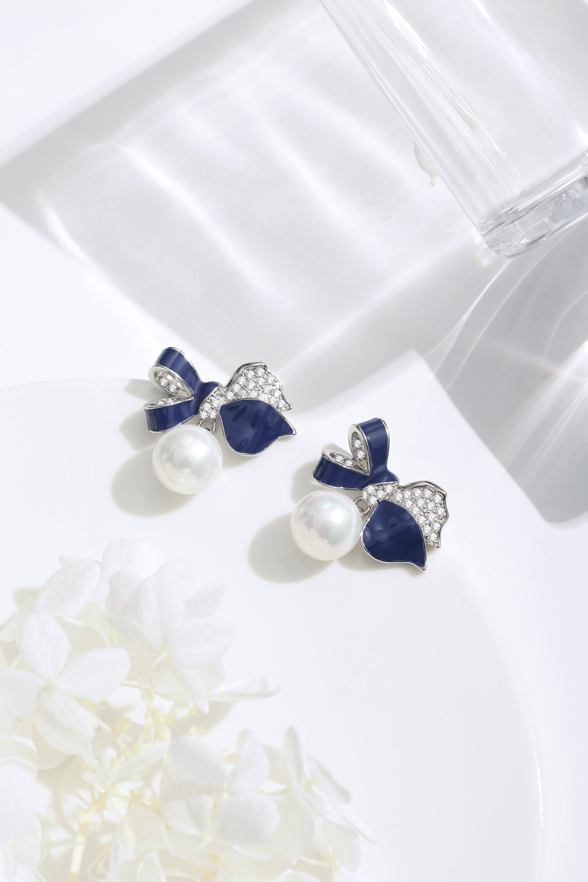 Blue Enamel Butterfly Pearl Drop Earrings