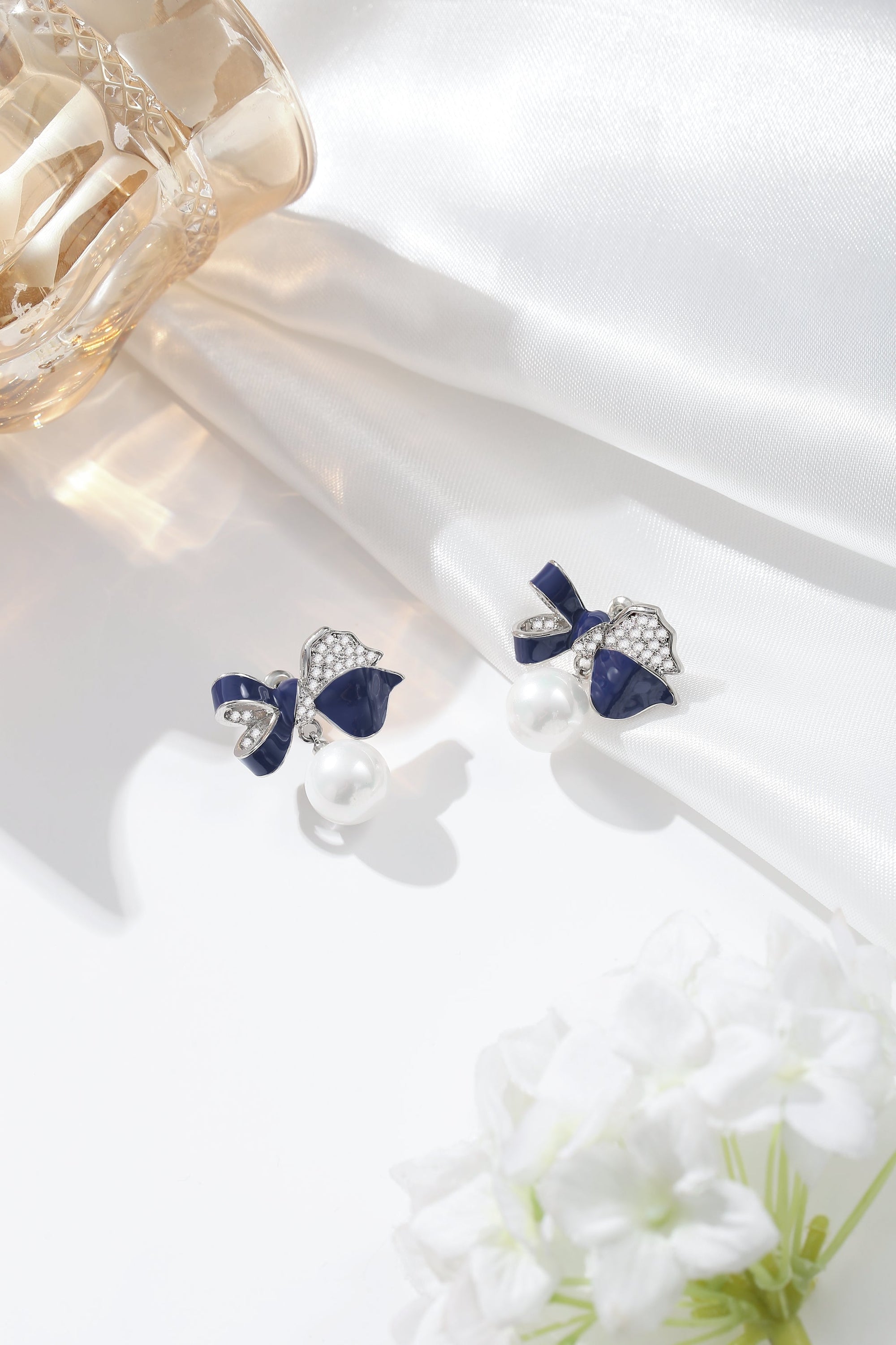 Blue Enamel Butterfly Pearl Drop Earrings