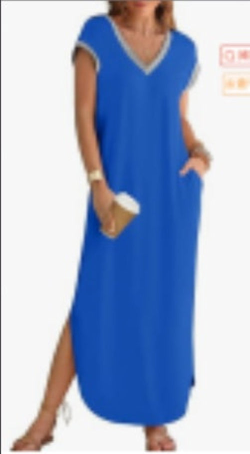 Women's  Summer Short Sleeve Maxi Dress V Neck Split Loose Casual