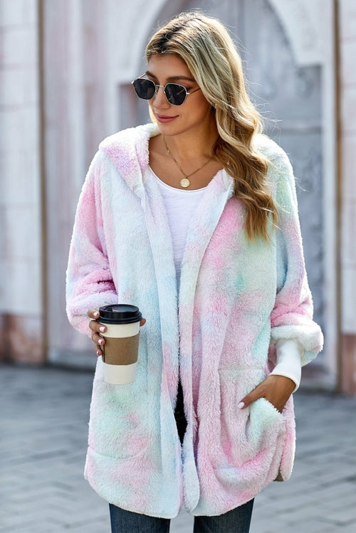 Multicolor Tie Dye Soft Fleece Hooded Open Front Coat